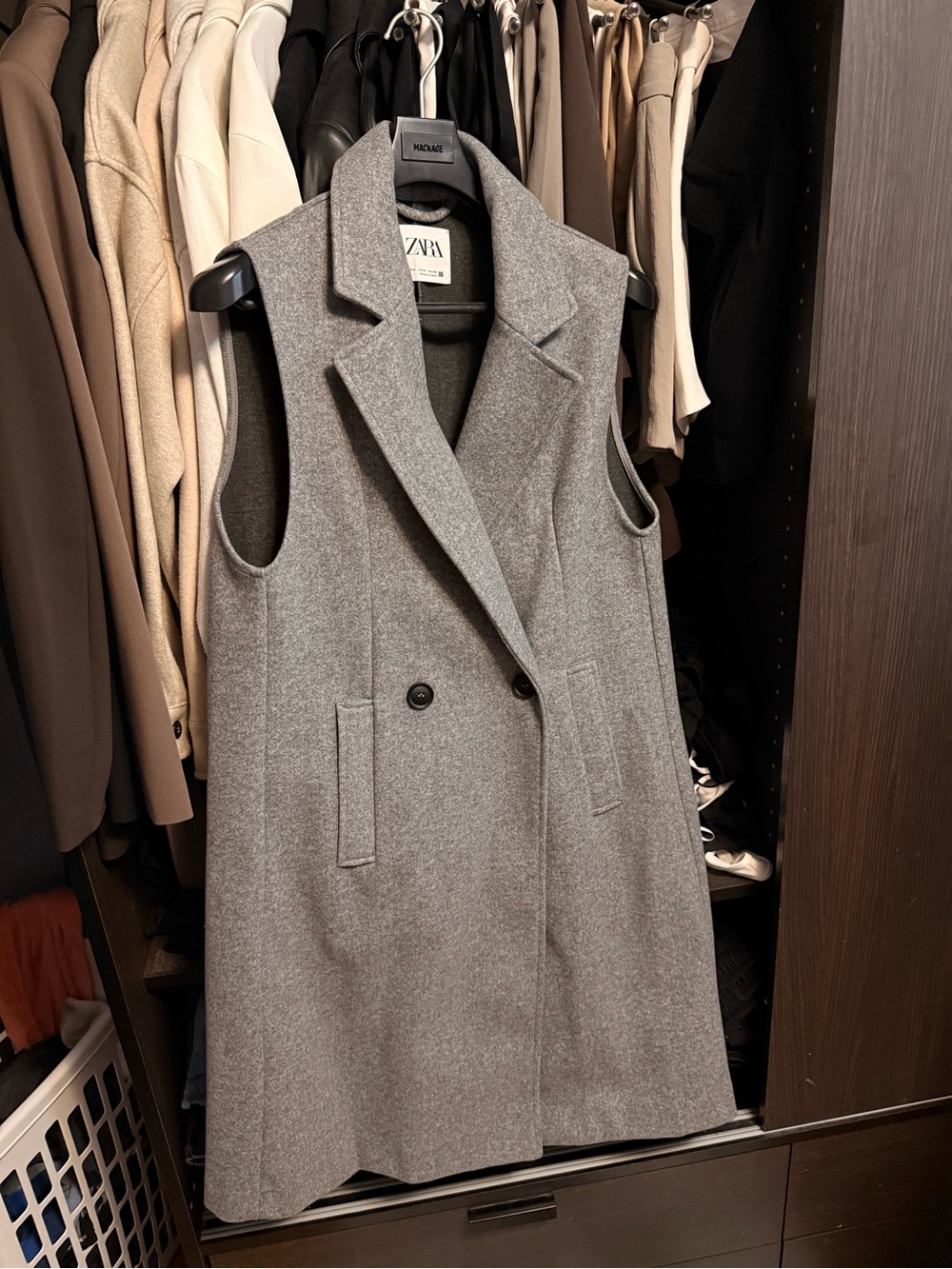 ZARA Gray Sleeveless Double-Breasted Wool-Blend Vest